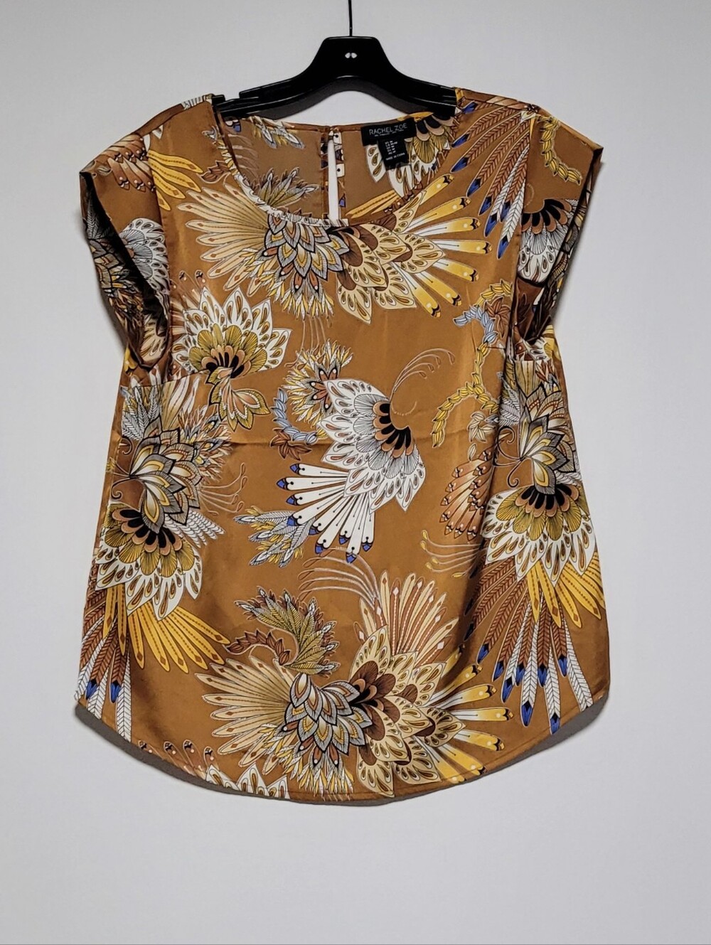 Rachel Zoe Satin Light Broze Brown Silky Blouse With Abstract Floral Motif